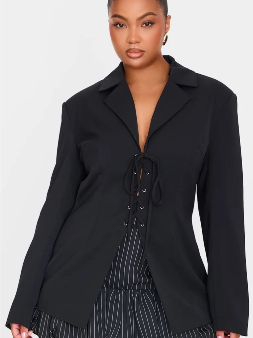 PrettyLittleThing Black Lace-Up Tie Front Blazer